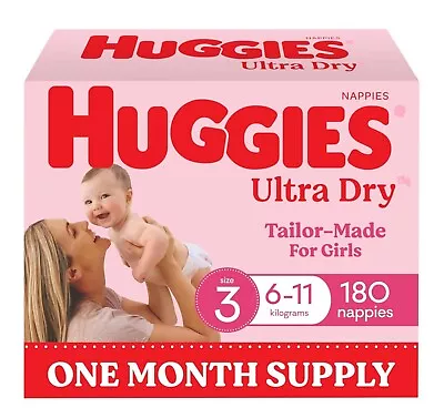 Huggies Ultra Dry Nappies Girls Size 3 (6-11kg) One Month Supply 180 Count • $83.25