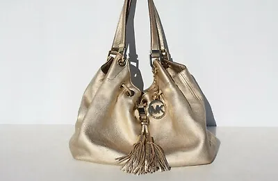 Michael Kors Gold Pebbled Leather Camden Tassel & Logo Drawstring Shoulder Bag • $89.99