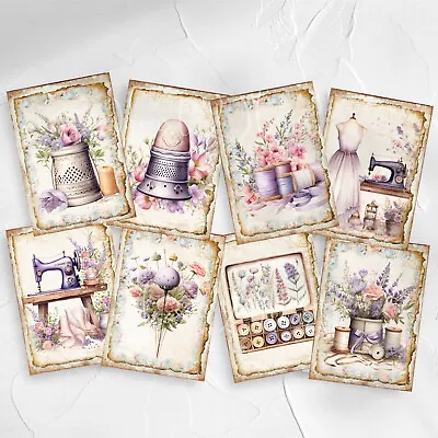 Shabby Chic Sewing ATC CardsTags Journal Card Toppers Ribbon Cards Sew Box • £2.80