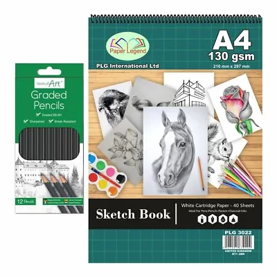 A4 Sketch Pad With 12 Graded Pencil Set For Kid & Artist Drawing Book Ideal Gift • £8.29