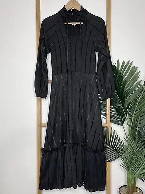 Vintage Black Stripe Knit Midi Dress Size 6-8 V Neck Frill Ruffle Collar Tie 70s • $29