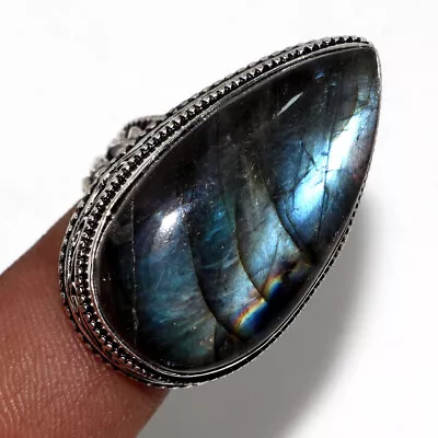 Fiery Labradorite 925 Silver Plated Vintage Gemstone Ring US 8 Jewelry Gift GW • $2.99