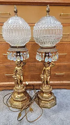 $500 • Buy Vintage Hollywood Regency Crystal Cherub Table Lamp Set Mid Century 