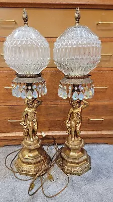 $500 • Buy Vintage Hollywood Regency Crystal Cherub Table Lamp Set Mid Century 