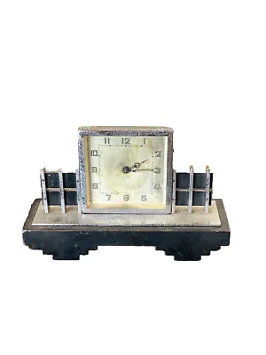 1930’s Art Deco Chrome Wood Mantel Clock Carved Wood Base With Velvet - As Is • $120
