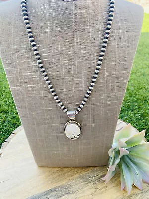 Vintage Navajo White Buffalo & Sterling Silver Beaded Necklace Signed • $869