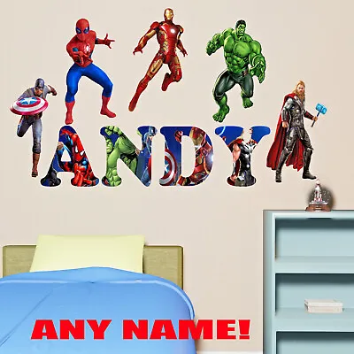 Personalised Name Avengers Superhero Theme Wall Stickers Mural Decal Spiderman • £9.49