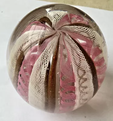 Vintage Murano Glass Paperweight Pink White & Gold Ribbon 3  X 2  • $49.90