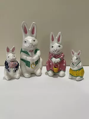 VINTAGE PAPER MACHE EASTER  BUNNY RABBIT Family 4 FIGURINES Unmarked • $27.11