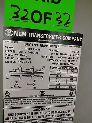 Dry Type Transformer MGM Transformer Company 3 Phase  75kva  240V 120V • $2500