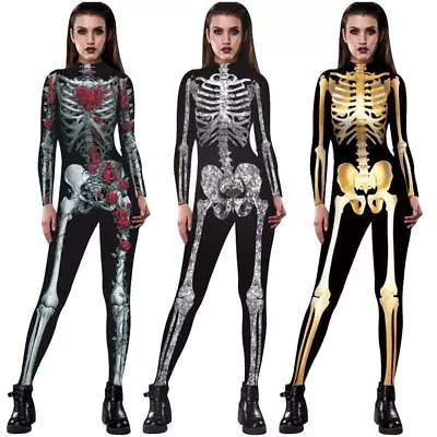 Women Halloween Skeleton Bone Adult Cosplay Costume Fancy Dress Outfit Jumpsuit • £9.89