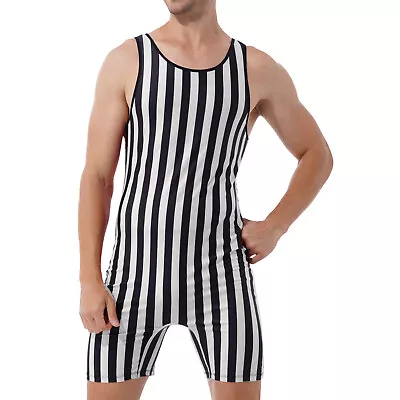 US Mens One Piece Striped Sleeveless Stretchy Leotard Bodysuit Wrestling Singlet • $15.65