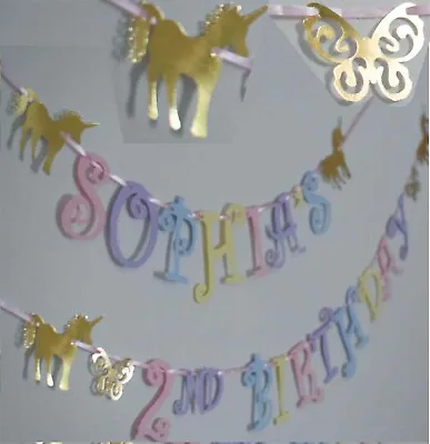 £2.25 • Buy PASTELS UNICORN Happy BIRTHDAY BANNER Personalised Bunting Party BUTTERFLIES 