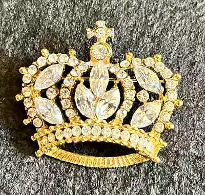 Vintage Carina Gold Tone Crown Rhinestone Brooch Prince Czech • $19.95