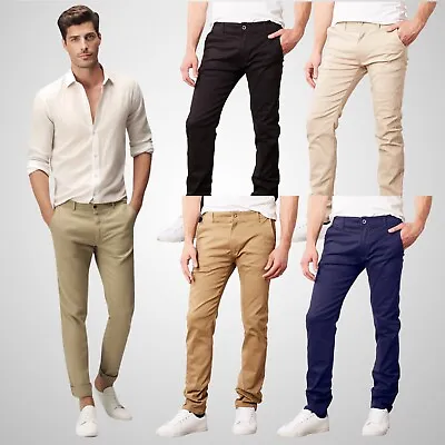 Mens Chino Pants Cotton Stretch Slim Fit Belt Zip Fly Trouser Casual Work School • $18.97