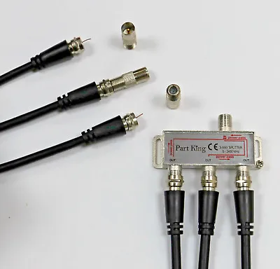 3 Way Aerial / Cable TV Splitter KIT With Black Cables For Ntl Virgin Media Etc • £6.99