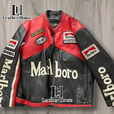 Men Marlboro Leather Jacket Vintage Racing Rarer Motorcycle Biker Leather Jacket • $115