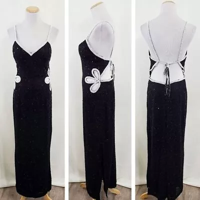 Vintage Silk Beaded Evening Gown Black White Cutout Open Back Dress • $150