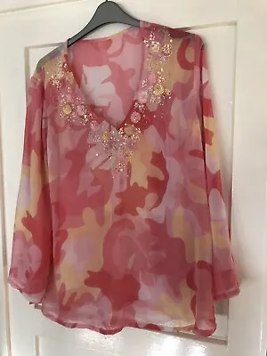 £3.99 • Buy Sz 24 Kaftan Peach/pink Sheer Long Sleeve Embellished 