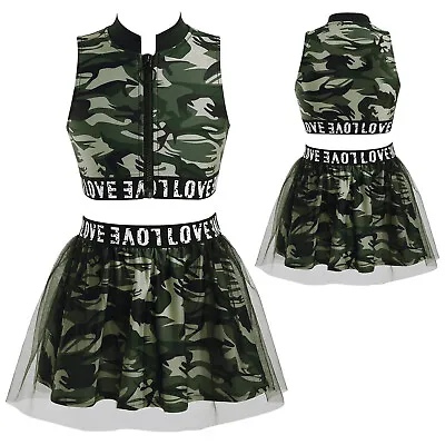 £6.43 • Buy Girls Camouflage Dance Costume Zipper Crop Top With Mini Skirts Street Dance Set