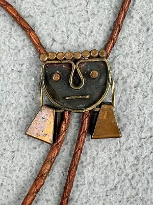 VINTAGE MEXICAN AZTEC WARRIOR BOLO TIE Leather COPPER & BRASS • £35.59