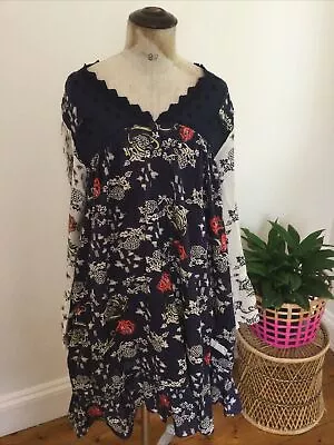 ODD MOLLY Navy White Roses Button Through Long Sleeve Dress Sz4 12 14 • $49