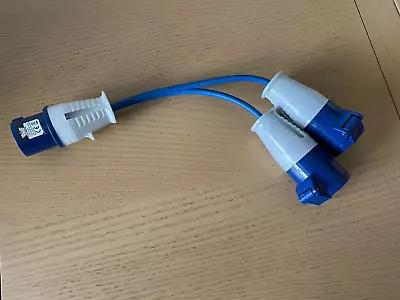 16A Splitter Cable 240V Caravan 2 Way Hook Up Y Piece 2 X 16 Amp Sockets BLUE • £11