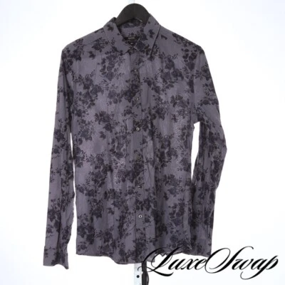 $66 • Buy Gucci Made In Italy Blued Grey Allover Concentric Floral Button Down Shirt 16.5