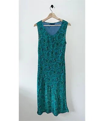 MONSOON 100% Silk Green Floral Print Maxi Slip Dress V Neck Size S 90's Y2K VGC • £15
