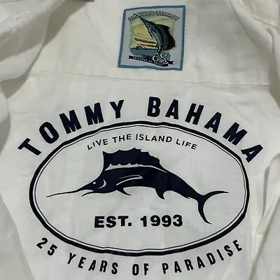 TOMMY BAHAMA Long Sleeve Men’s White Linen Shirt 25 Years Of Paradise Size L • $39.32