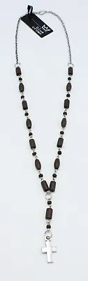 New Silver Cross Pendant Rosary Necklace With Wood Beads Nwt #N2412 • $5.79