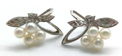 Signed Mikimoto Akoya Pearl Earrings In Silver Screw Back In Original Case 1950s • $198.50