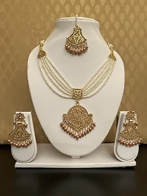 £13.99 • Buy Asian Indian Pakistani Gold Plated Tikka Earrings Necklace Pendant Jewellers Set