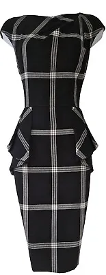 Womens Karen Millen Black White Check Plaid Tartan Peplum Wiggle Bodycon Dress10 • £47.99