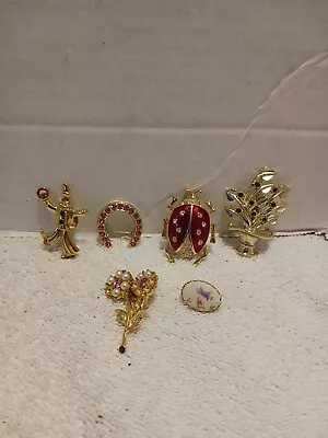 6 Vintage Goldtone Shiny Stones Clown & Beetle Broochs & Pins • $3.99