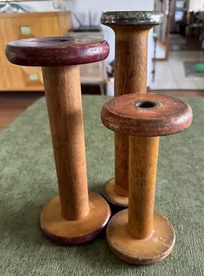 3 Vintage Industrial Wooden Bobbins Spools Wood Metal • $40