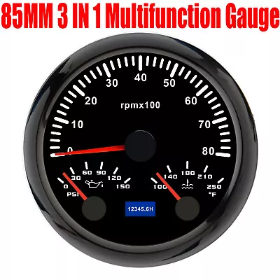 85mm 3 In 1 Multifunction Gauge Tachometer 8000rpm Oil Pressure Water Temp Gauge • $51.77