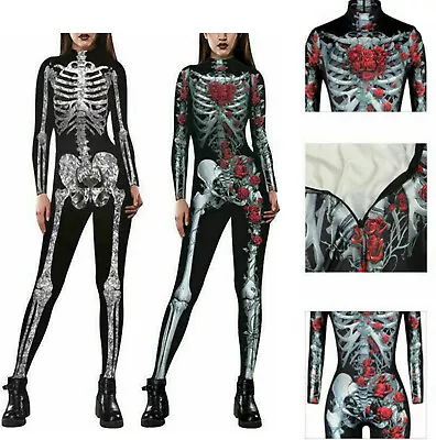 Halloween Women Skeleton Bone Frame Jumpsuit Bodysuit Fancy Dead Cosplay Costume • £15.59