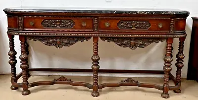 Antique Walnut  Sideboard  Buffet Baroque Style  W Black Marble Top 7 Ft Wide • $3250