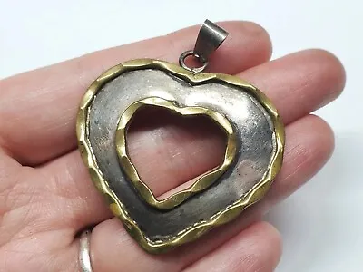 Vintage Mexico Sterling Silver 925 Brass Mixed Metal Open Heart Pendant Jewelry • $39.99