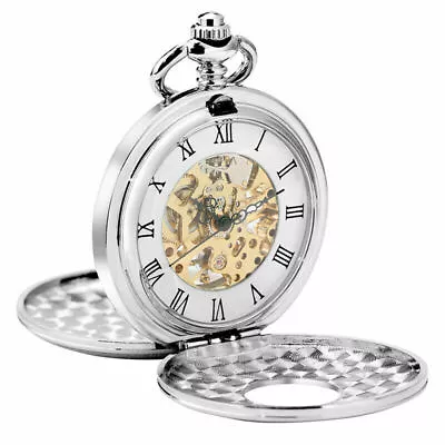 Silver Mens Hand Winding Mechanical Pocket Watch Double Hunter Pendant Necklace • £16.91