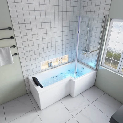 L-Shaped Whirlpool Bathtub Jetted Soaking Tub With Screen And Lights Spa Bath • £939