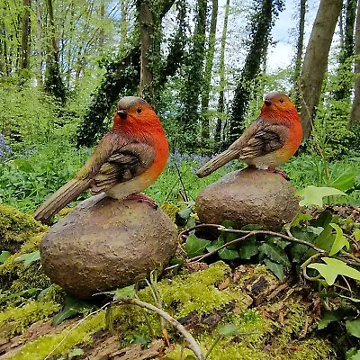 Robin On A Stone Resin Garden Ornament Resin Bird Sculpture Figurine (Pack Of 2) • £12.99