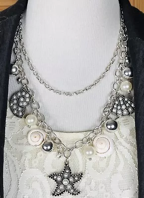 Silver Toned Mixed Media Necklace 19” Layered 2-Strand Beach Theme Charms • $14.99