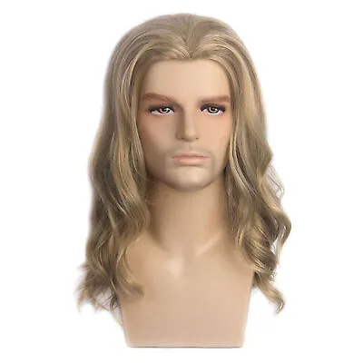 Men Long Curly Wave Wigs Male Cosplay Hair Ombre Ash Blonde Costume Toupee W/Cap • £15.61