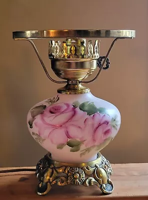 Vintage Pink Roses GWTW Hurricane Lamp Hand Painted Base Only • $36