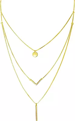 Gold Layered Dainty Necklace S925 Sterling Silver Triple Layer Pendant Choker Ne • $35.95