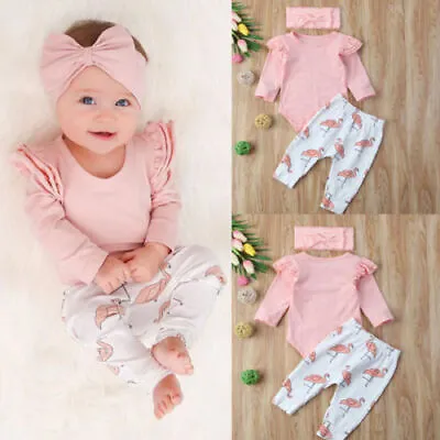 3PCS Set Newborn Baby Kids Girl Clothes Romper Shirt Tops+Flamingo Pants Outfits • £12.79