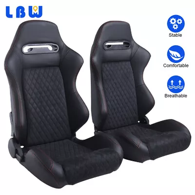 2Pcs Racing Seats PU Leather Reclinable Seats Velvet Cushion Black + Red String • $396.23