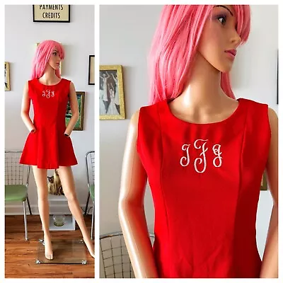 Vintage 60s Cherry Red Micro Mini Cheerleader Monogram JFG Gogo Dress S XS • $33